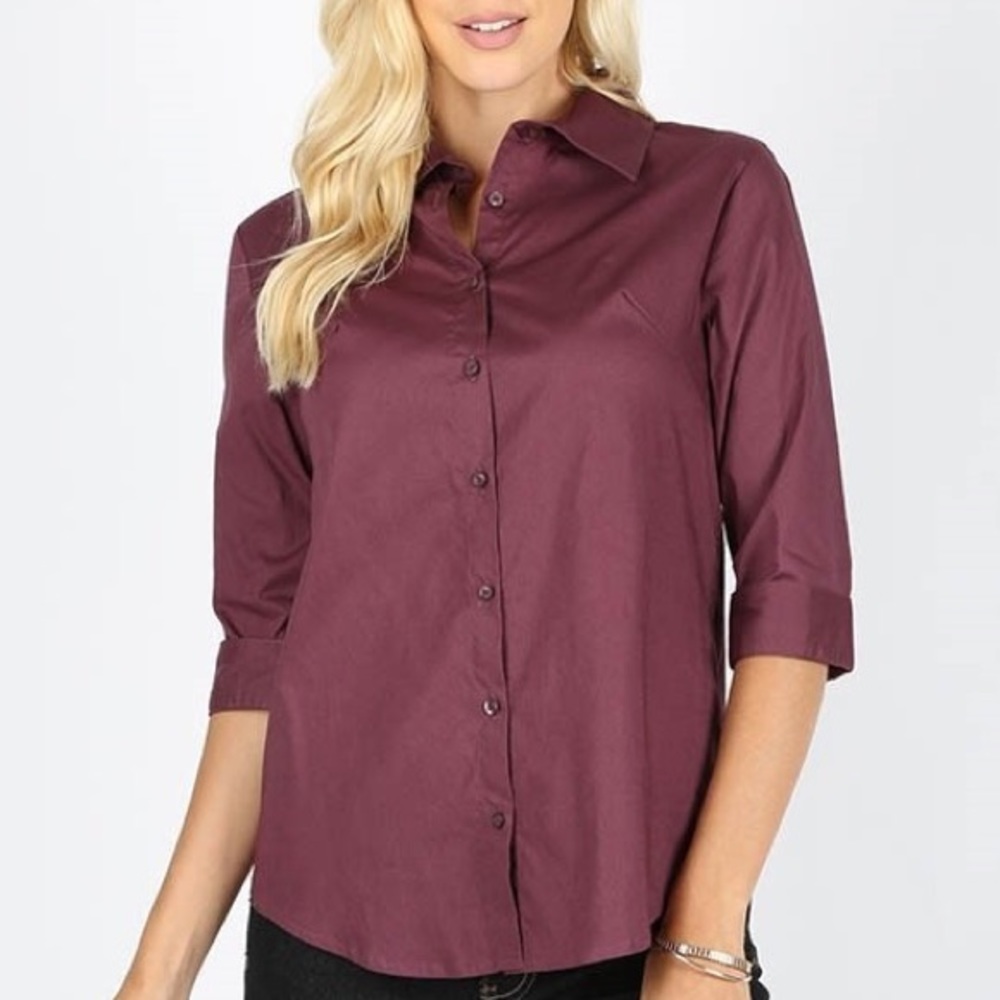 Button Down Plum Quarter Sleeve Career Top Blouse NWT Size Small